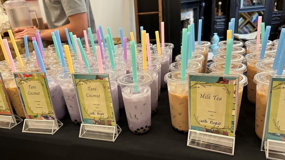 Boba drinks lined up at a YAF Houston event